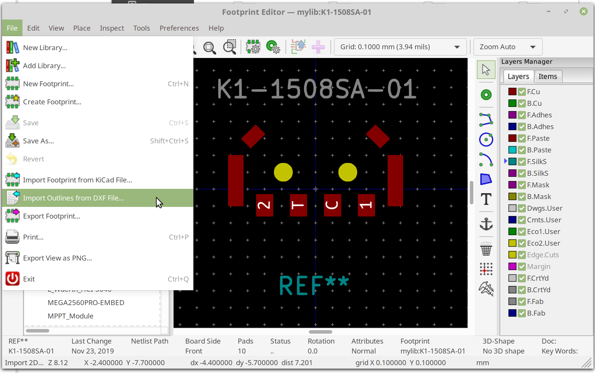 KiCad Footprint Editor. File > Import Outlines from DXF.