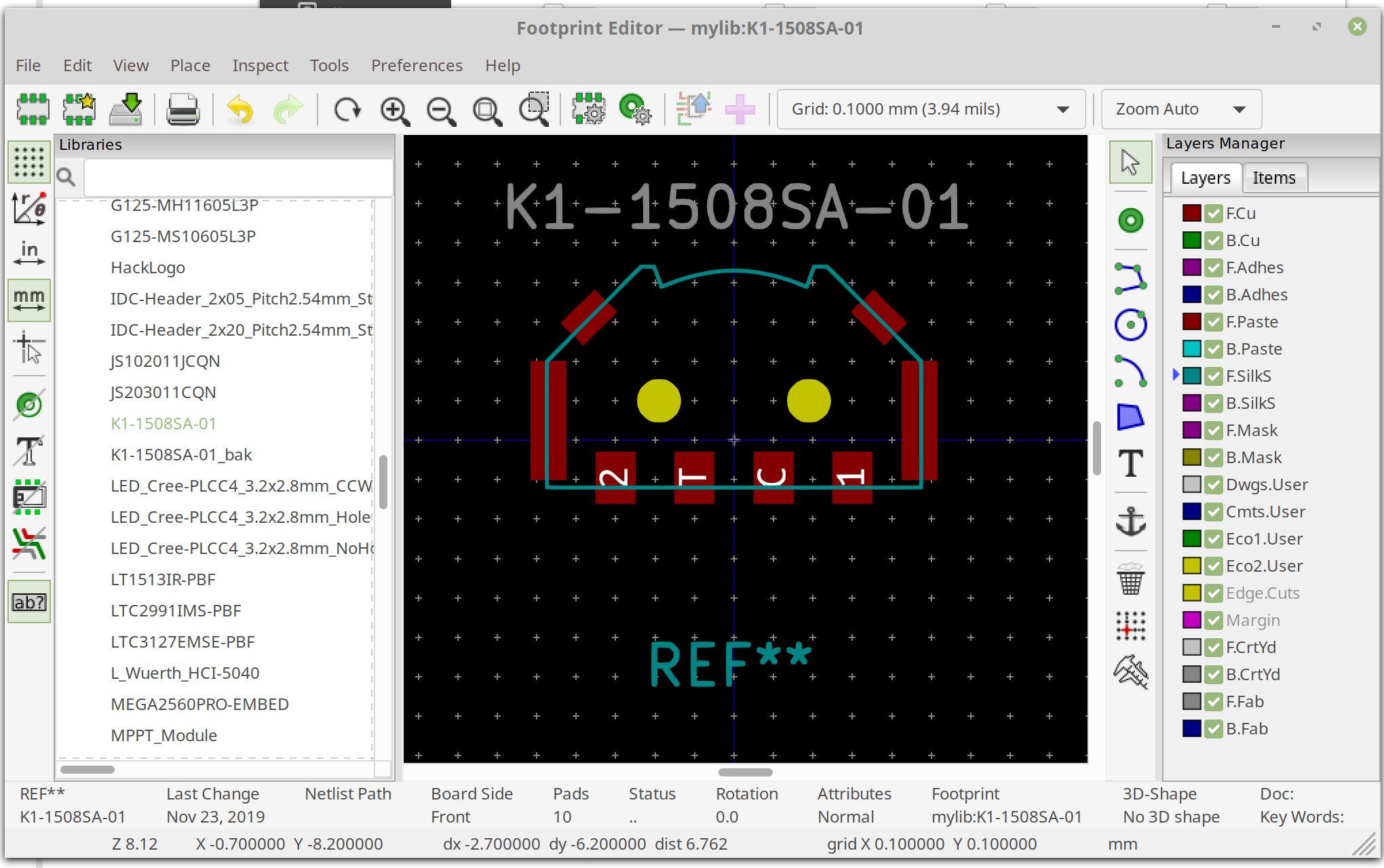 KiCad Footprint Editor DXF Import result. As one can see, the DXF is perfectly centered and aligned. The key is to keep origins the same throughout KiCad and SolidWorks.
